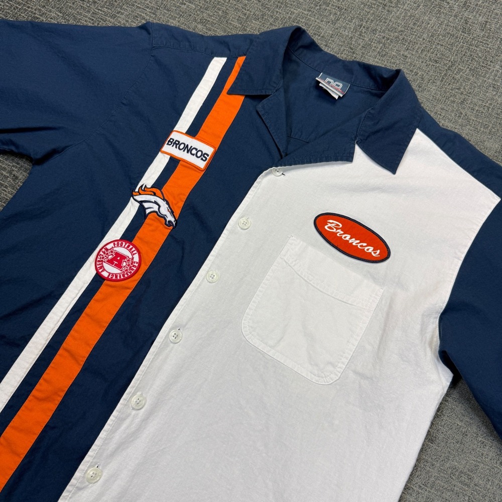 Denver Broncos No Huddle Button Shirt Mens L Navy Orange Bowling Mechanic